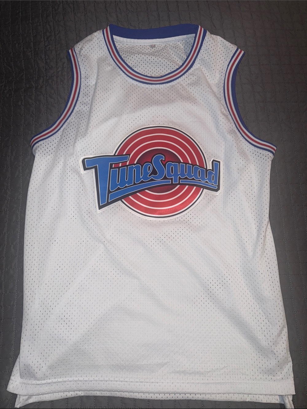 Tune Squad White Basketball Jersey with Red & Blue Logo